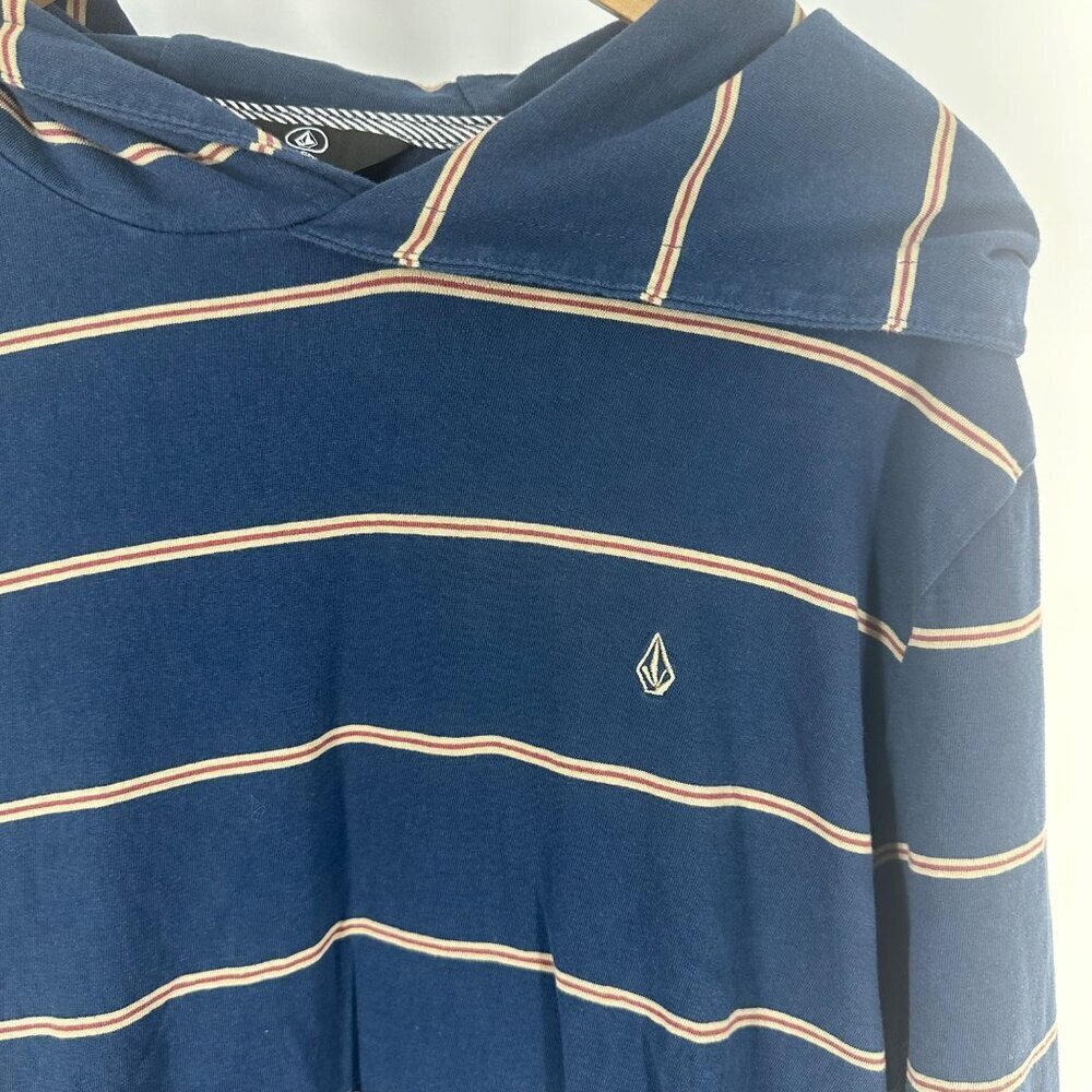 * Volcom Mens Navy Striped Hooded Long Sleeve Shirt With Kangaroo Pocket Size L